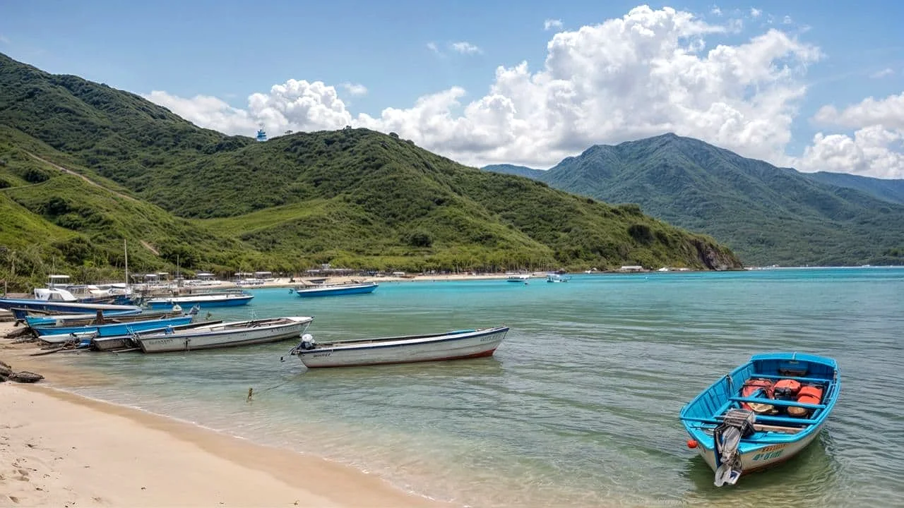Bahía de Taganga con lanchas de pescadores y las montañas de la Sierra Nevada