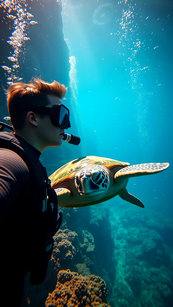 Buzo nadando junto a una tortuga marina en el Parque Tayrona
