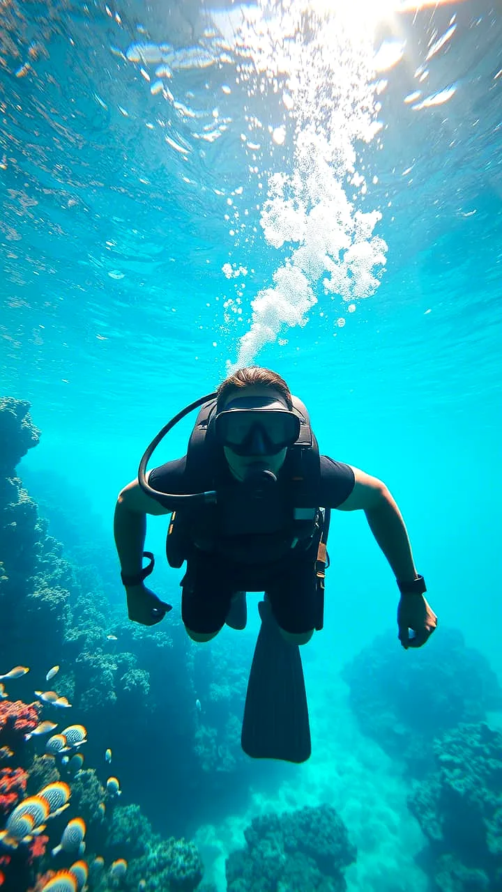 Buzo rodeado de burbujas en el agua turquesa del Tayrona
